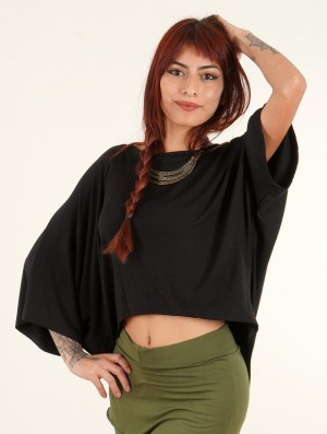 Toonzshop Daedra Bat Wing Sleeve Crop Top Felsők Női Fekete | JRKWHAV-63