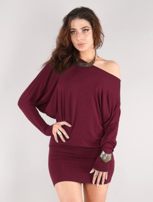 Toonzshop Daedra Short Dress With Bat Wing Sleeve Ruha Női Wine | EDKPVXM-78