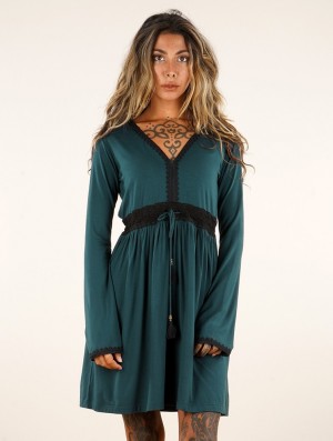 Toonzshop Firiel Long Sleeve Dress With Crochet Detail Ruha Női Teal | LQFNWMZ-13