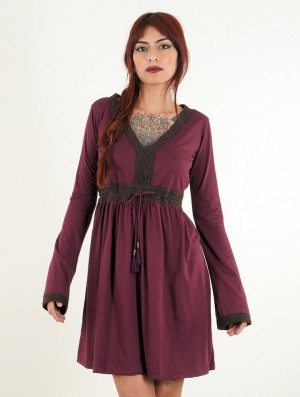 Toonzshop Firiel Long Sleeve Dress With Crochet Detail Ruha Női Wine | USHCGRD-69