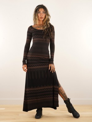 Toonzshop Inanna Aztec Pinted Long Sleeve Long Dress Dress Ruha Női Fekete | ZIXVRMG-50