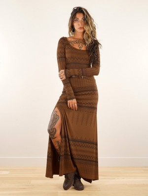 Toonzshop Inanna Aztec Pinted Long Sleeve Long Dress Dress Ruha Női Goldenbrown | SRAGIPK-95