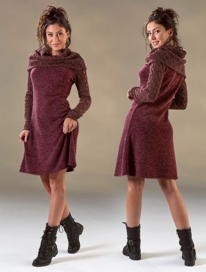 Toonzshop Nouchka Crochet Sleeves And Big Collar Skater Sweater Dress Ruha Női Wine | IGVCZKX-20