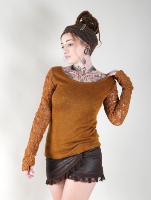 Toonzshop Oroshï Crochet Sleeve Sweater Pulóver Női Rusty | UIEDXPS-84