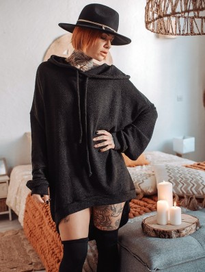 Toonzshop Rashmi Oversized Long Hooded Jumper Pulóver Női Fekete | RBUGIVT-75