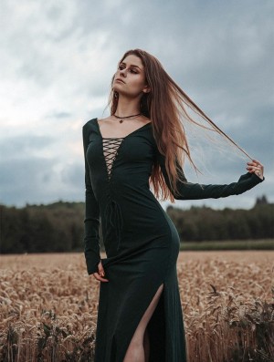 Toonzshop Valkyrie Lace-up Split Long Dress Ruha Női Páva | ANUBWLS-74