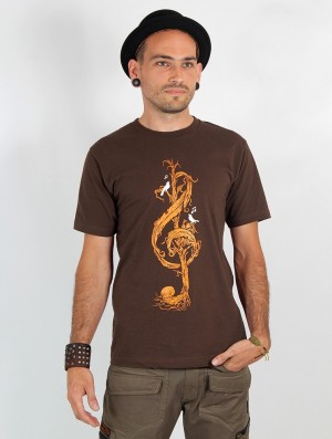 Toonzshop Vegetal Treble Clef Printed Short Sleeve T-shirt Póló Férfi Barna | LHDPSXO-03