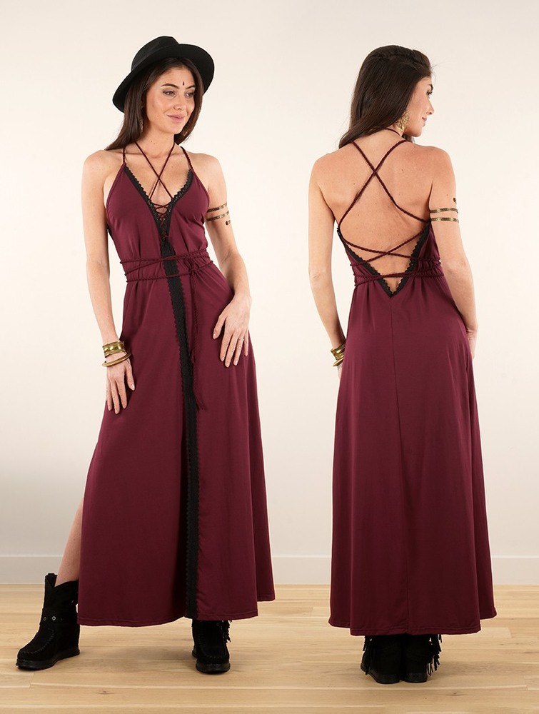 Toonzshop Amulette Lace-up Split Long Dress Ruha Női Wine | PMGSKBR-28