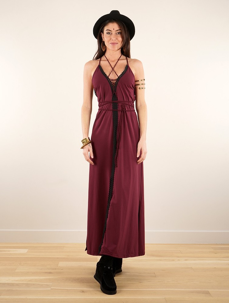 Toonzshop Amulette Lace-up Split Long Dress Ruha Női Wine | PMGSKBR-28