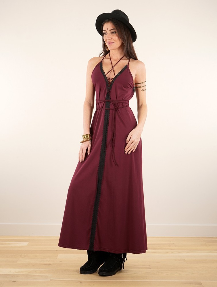 Toonzshop Amulette Lace-up Split Long Dress Ruha Női Wine | PMGSKBR-28