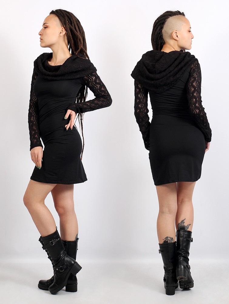 Toonzshop Atmäa Crochet Long Sleeved Dress Ruha Női Fekete | KQCVFTX-90