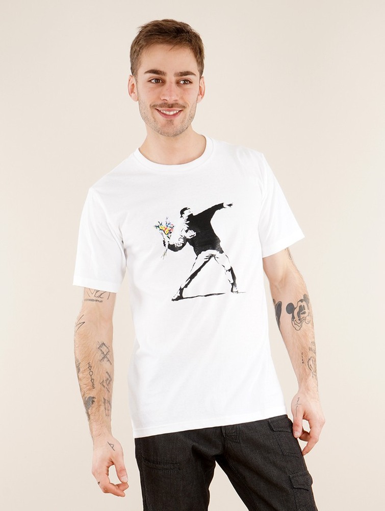 Toonzshop Banksy Hooligan Flowers Printed Short Sleeve T-shirt Póló Férfi Fehér | APZNXUI-85