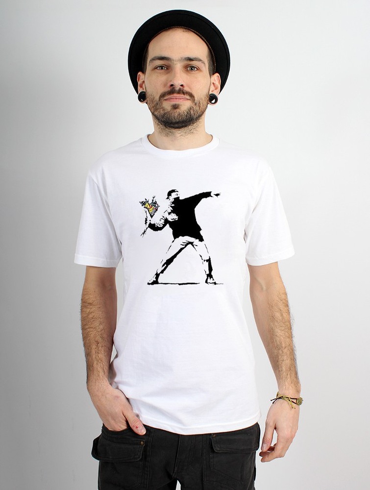 Toonzshop Banksy Hooligan Flowers Printed Short Sleeve T-shirt Póló Férfi Fehér | APZNXUI-85