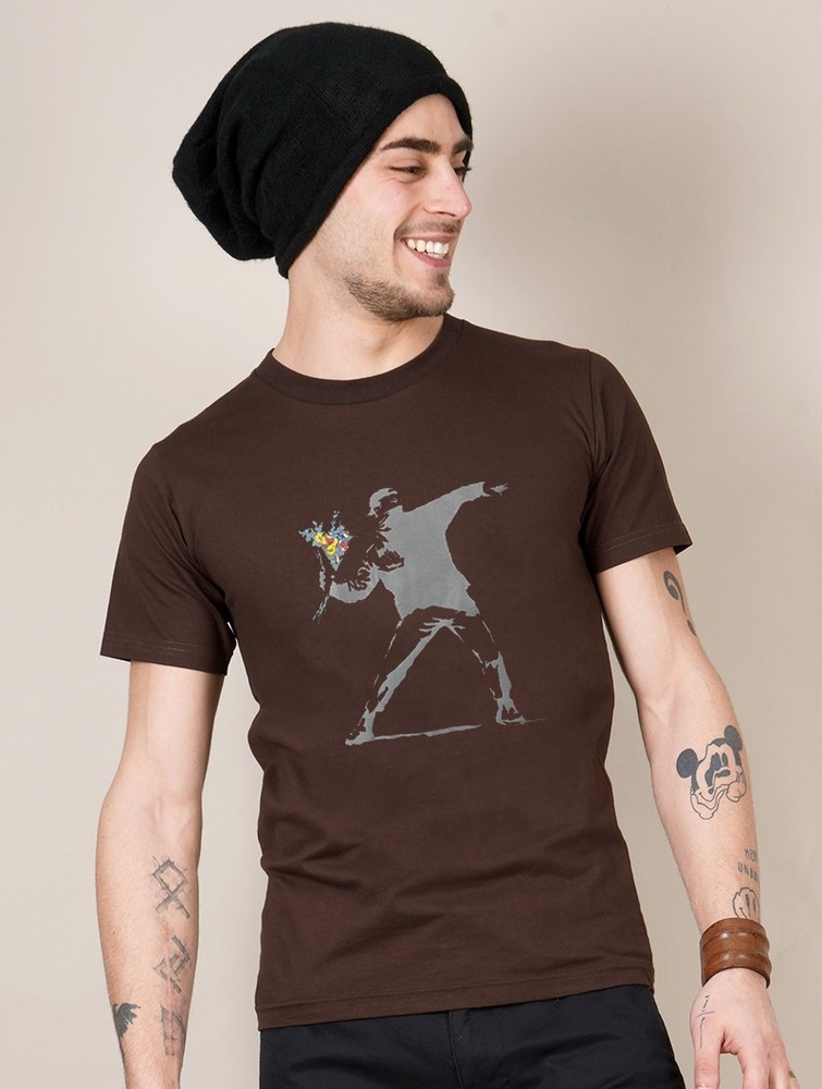 Toonzshop Banksy Hooligan Flowers Printed Short Sleeve T-shirt Póló Férfi Barna | WUVSZFP-06