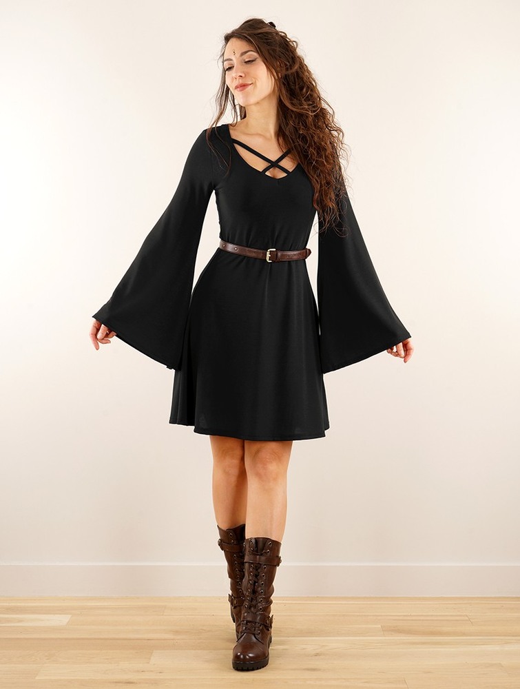 Toonzshop Black Moon Reversible Flared Long Sleeve Dress Ruha Női Fekete | SCLZYNU-93