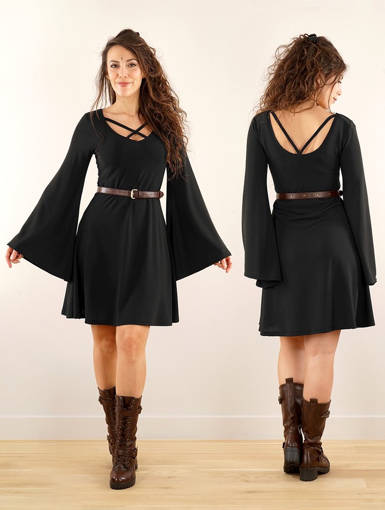 Toonzshop Black Moon Reversible Flared Long Sleeve Dress Ruha Női Fekete | SCLZYNU-93