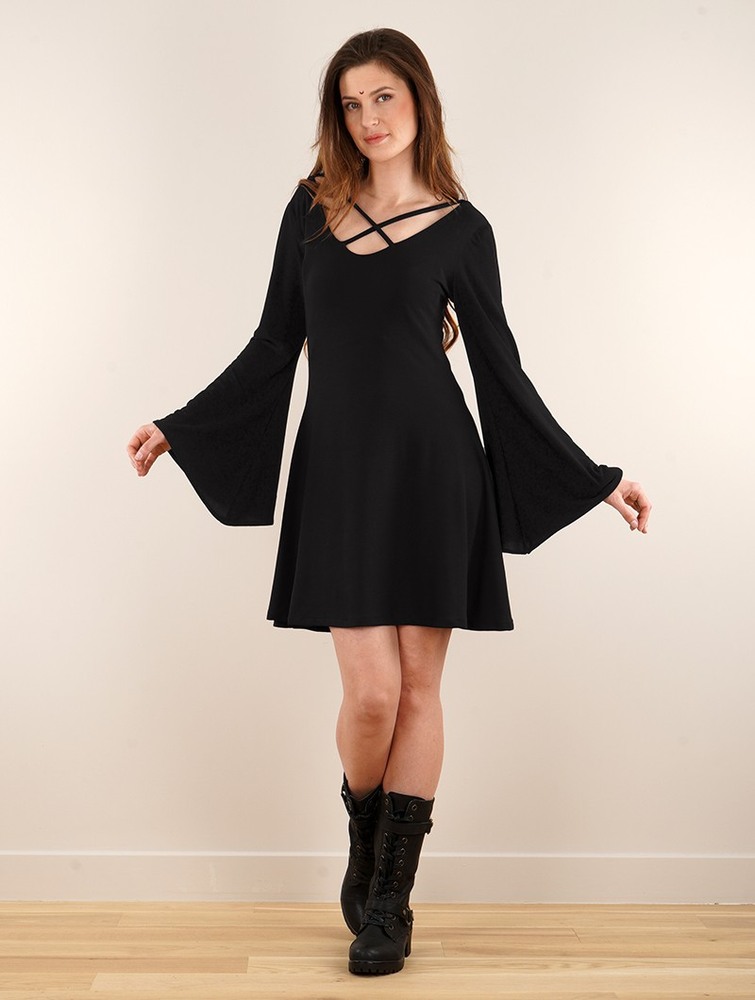 Toonzshop Black Moon Reversible Flared Long Sleeve Dress Ruha Női Fekete | SCLZYNU-93