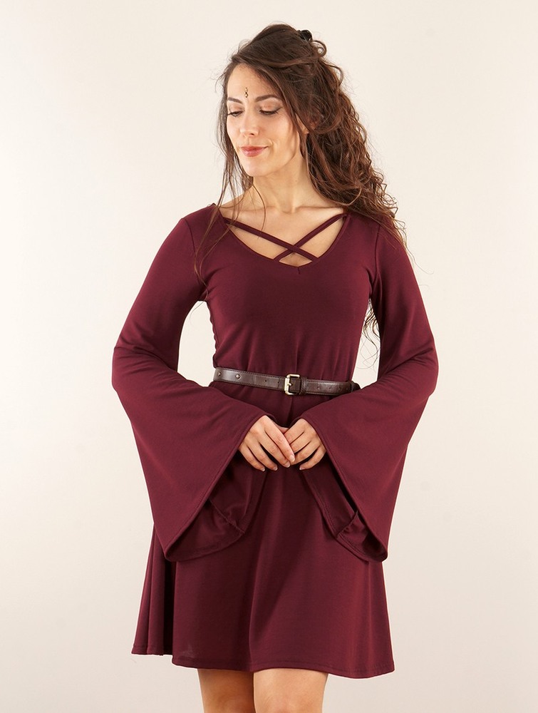 Toonzshop Black Moon Reversible Flared Long Sleeve Dress Ruha Női Wine | WGBCVYU-79