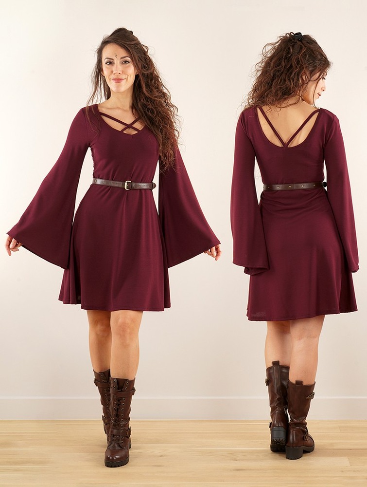 Toonzshop Black Moon Reversible Flared Long Sleeve Dress Ruha Női Wine | WGBCVYU-79