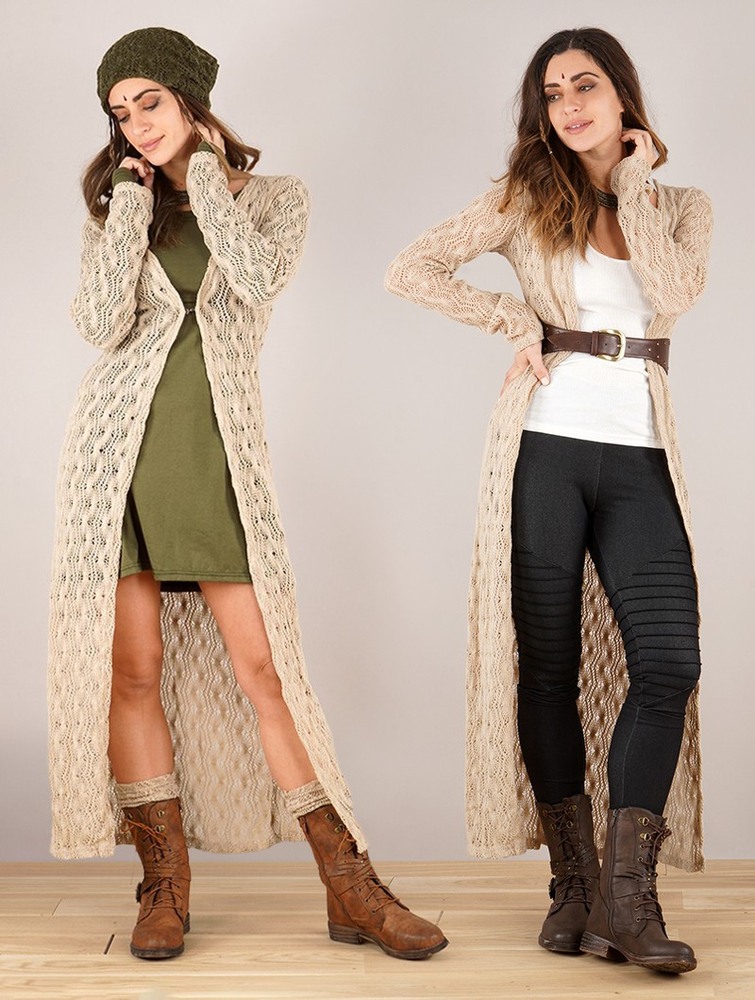 Toonzshop Boheme Crochet Long Cardigan Kardigán Női Bézs | OFLAUSE-42