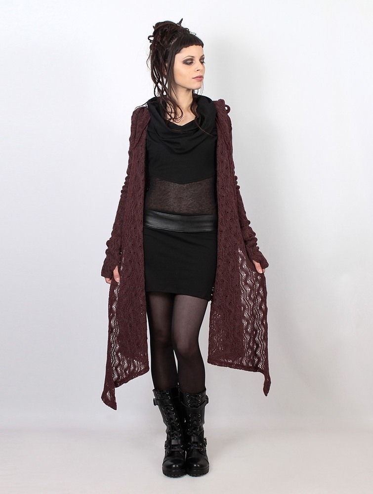 Toonzshop Danaeriz Long Sleeve Hooded Crochet Shawl Cardigan Kardigán Női Wine | HSEVIMB-94