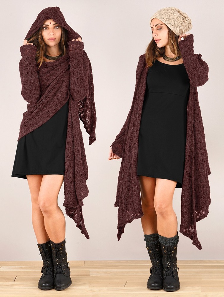 Toonzshop Danaeriz Long Sleeve Hooded Crochet Shawl Cardigan Kardigán Női Wine | HSEVIMB-94