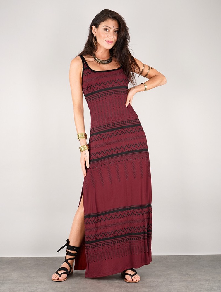 Toonzshop Electra Aztec Printed Long Split Strappy Dress Ruha Női Sötétpiros | KTJPNHS-72