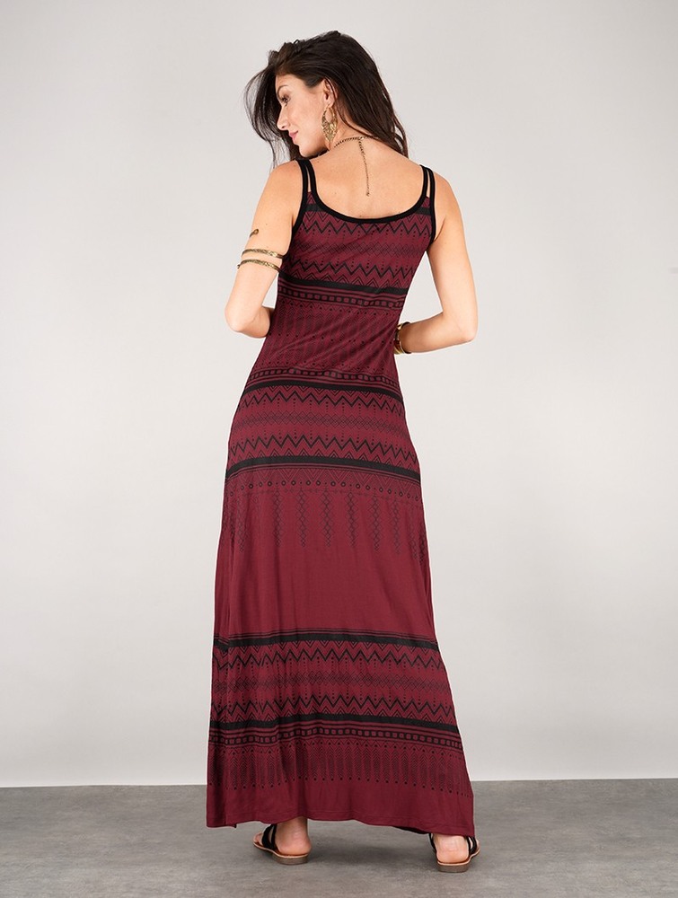 Toonzshop Electra Aztec Printed Long Split Strappy Dress Ruha Női Sötétpiros | KTJPNHS-72