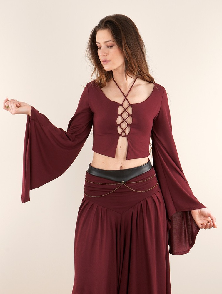 Toonzshop Elfique Flared Long Sleeve Crop Top With Front Lacing Felsők Női Wine | CWMQFZO-23