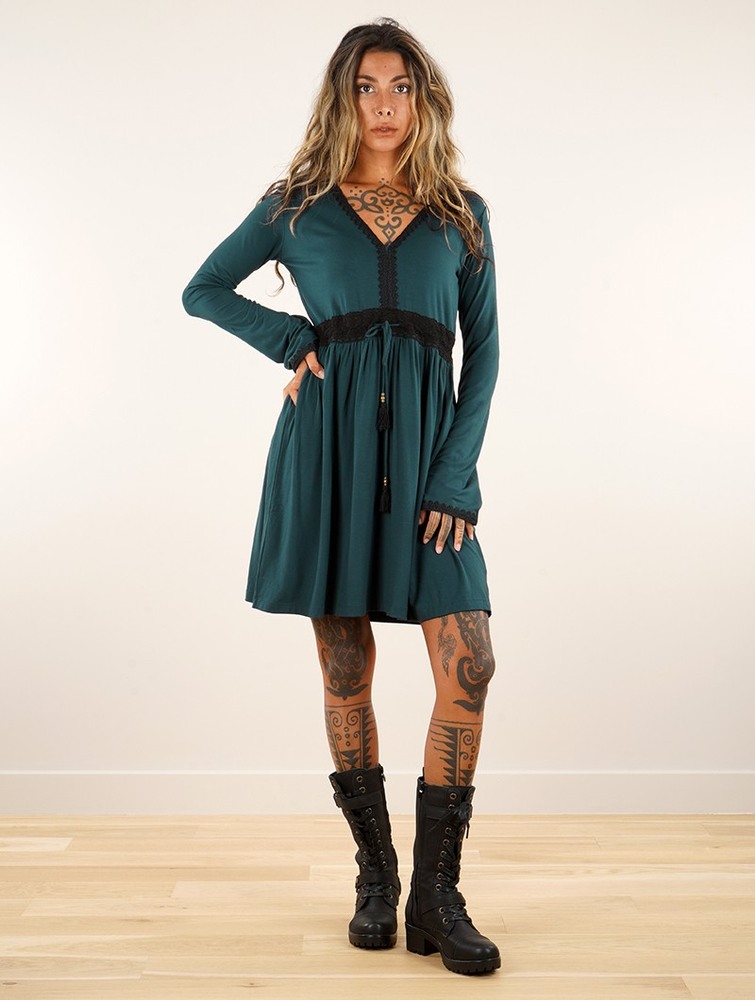 Toonzshop Firiel Long Sleeve Dress With Crochet Detail Ruha Női Teal | LQFNWMZ-13