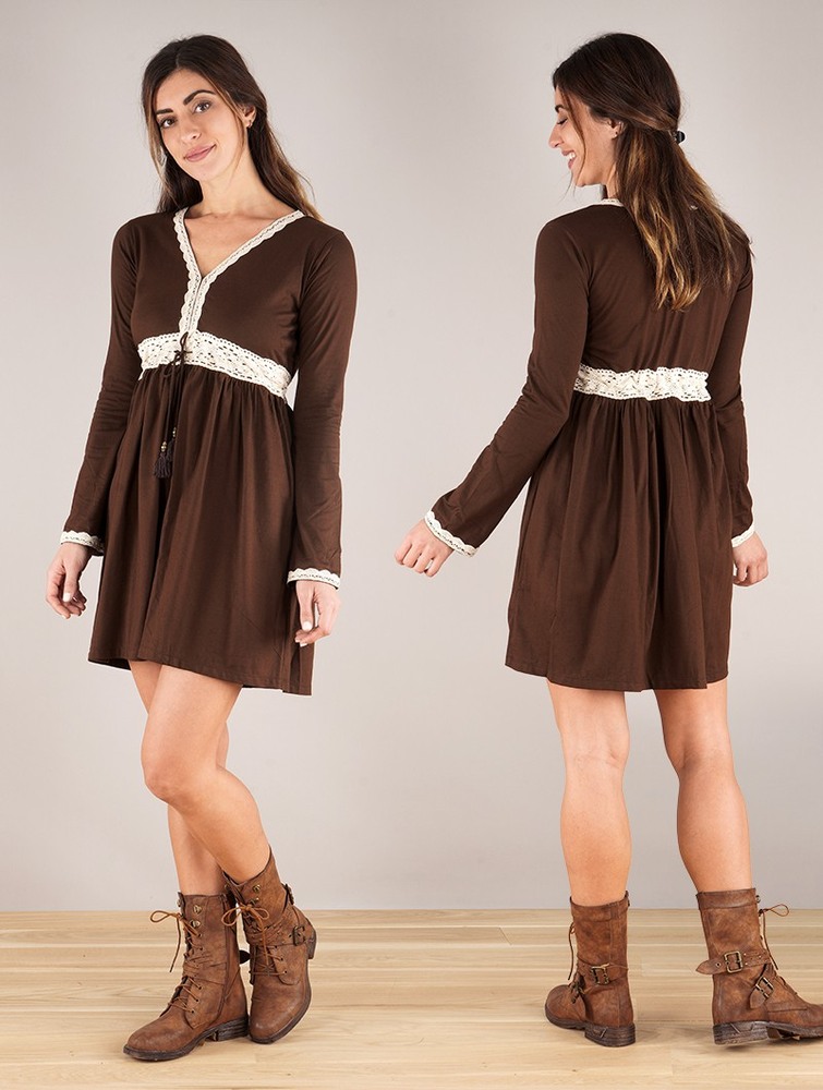 Toonzshop Firiel Long Sleeve Dress With Crochet Detail Ruha Női Sötétbarna | XGHWOSV-06