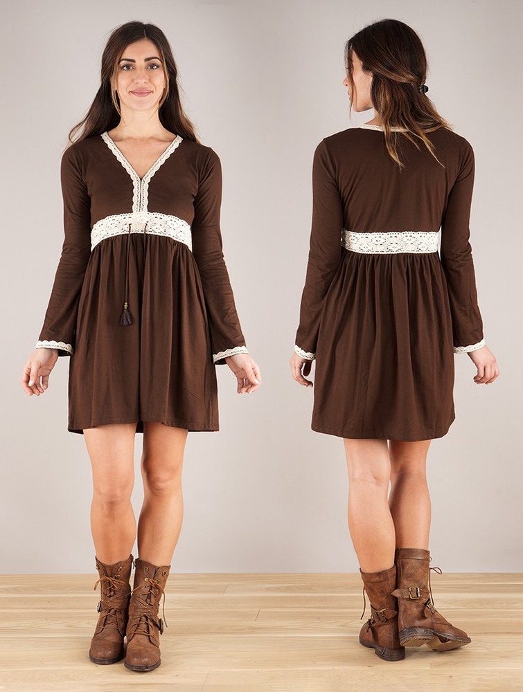 Toonzshop Firiel Long Sleeve Dress With Crochet Detail Ruha Női Sötétbarna | XGHWOSV-06