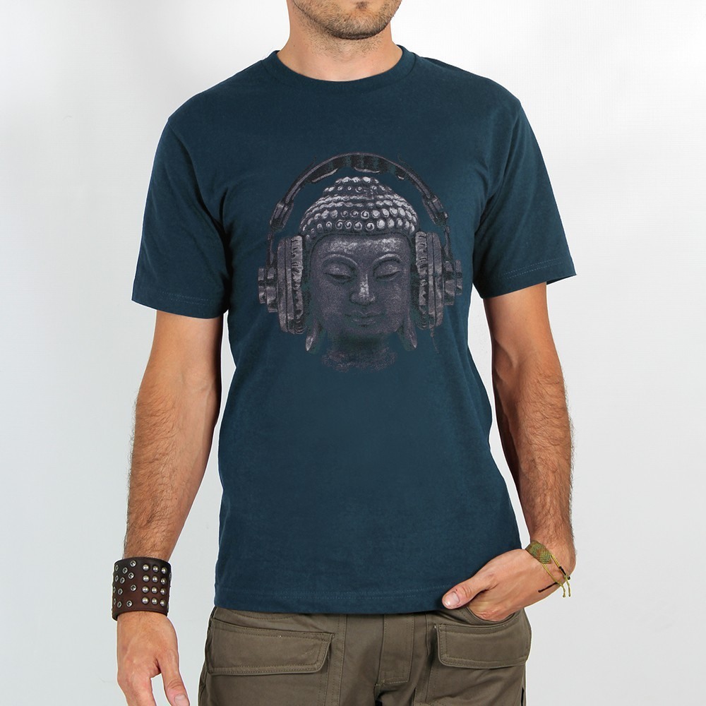 Toonzshop Headphone Bouddha Printed Short Sleeve T-shirt Póló Férfi Kék | LVEMGWJ-37