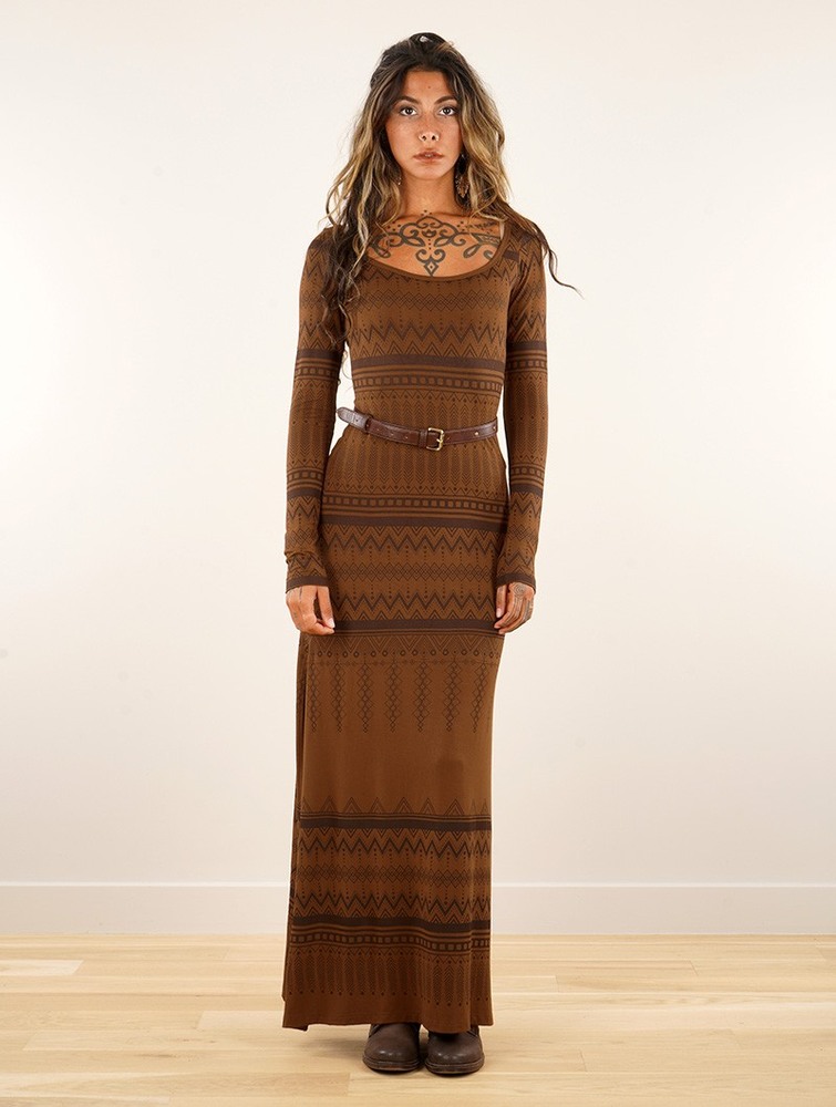 Toonzshop Inanna Aztec Pinted Long Sleeve Long Dress Dress Ruha Női Goldenbrown | SRAGIPK-95