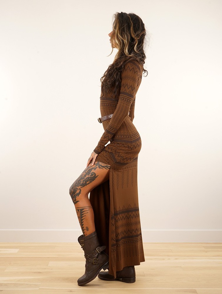 Toonzshop Inanna Aztec Pinted Long Sleeve Long Dress Dress Ruha Női Goldenbrown | SRAGIPK-95