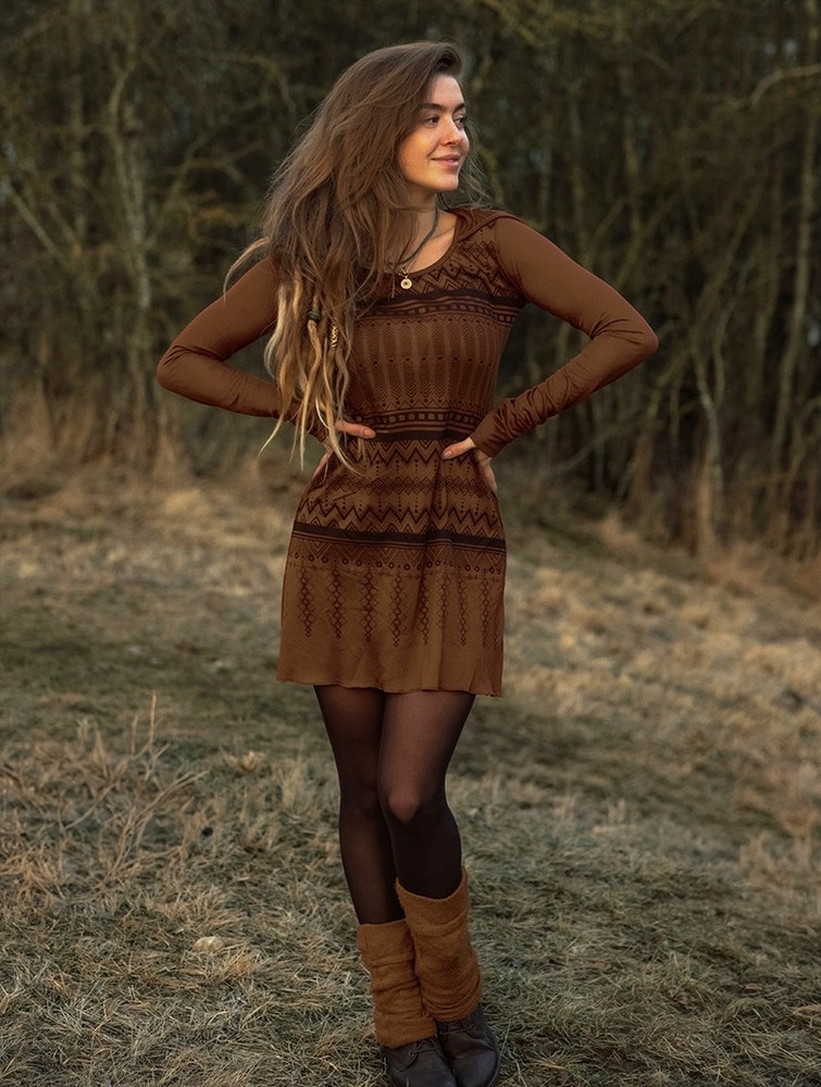 Toonzshop Inanna Aztec Printed Long Sleeve Hooded Short Dress Ruha Női Caramel | CPJZDEU-62