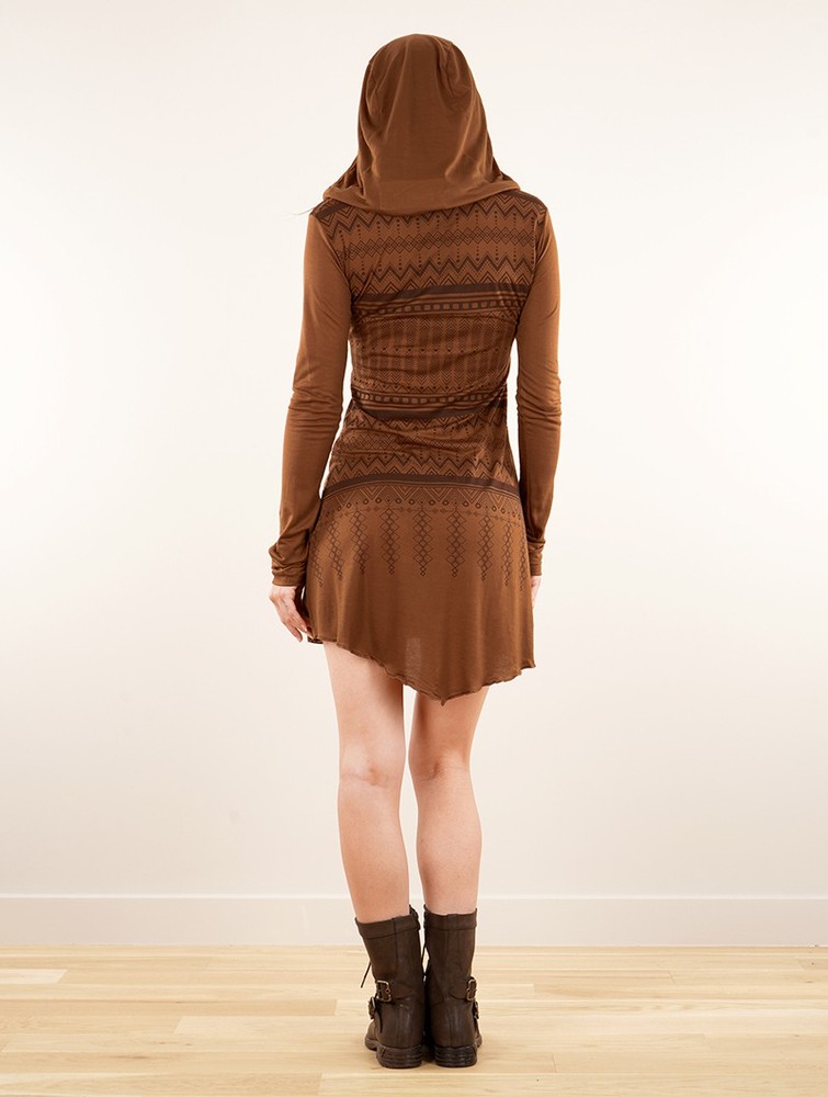 Toonzshop Inanna Aztec Printed Long Sleeve Hooded Short Dress Ruha Női Caramel | CPJZDEU-62