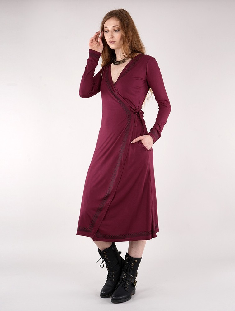 Toonzshop Irwaen Indie 2in1 Cardigan/Long Sleeve Midi Dress Ruha Női Wine | HMFNIVA-85