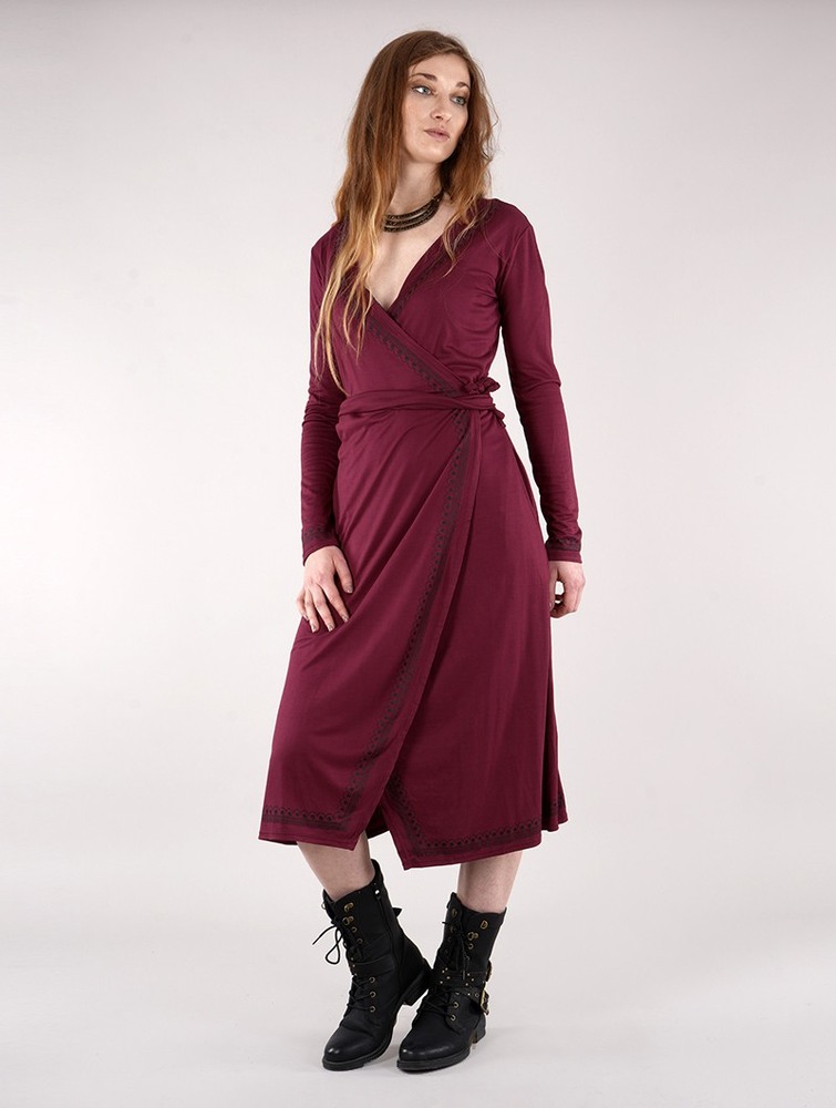 Toonzshop Irwaen Indie 2in1 Cardigan/Long Sleeve Midi Dress Ruha Női Wine | HMFNIVA-85