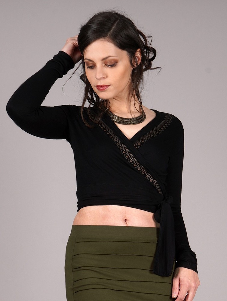 Toonzshop Irwaen Indie Long Sleeved Crop Top Felsők Női Fekete | BMXLISE-39