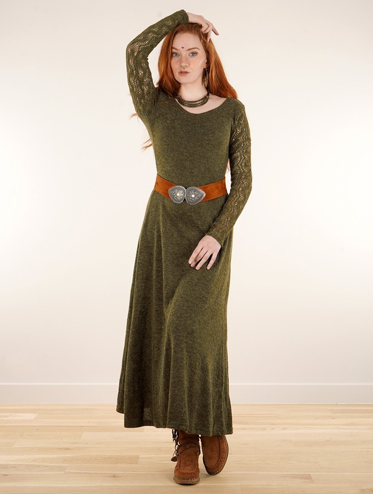 Toonzshop Melisandre Crochet Long Sleeve Long Sweater Dress Ruha Női Olivazöld Zöld | HKLAVQN-74