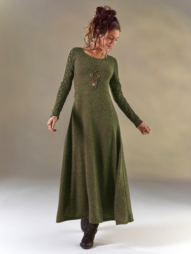 Toonzshop Melisandre Crochet Long Sleeve Long Sweater Dress Ruha Női Olivazöld Zöld | HKLAVQN-74