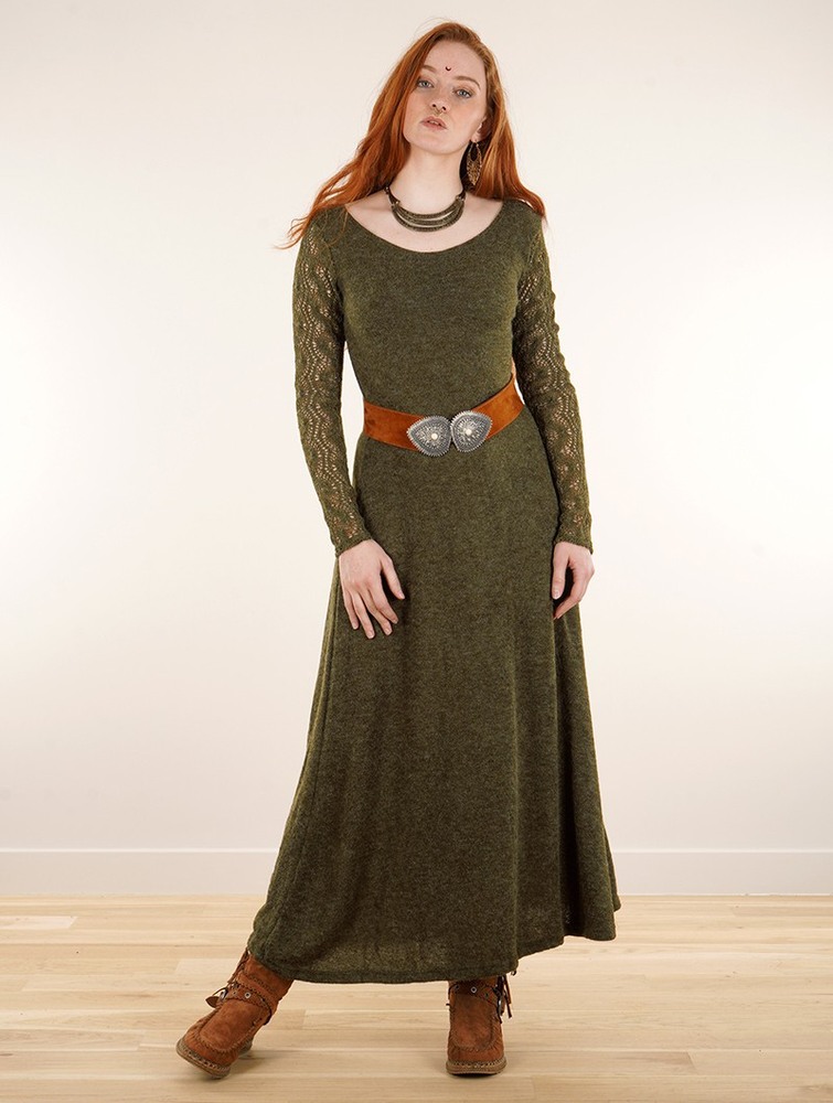 Toonzshop Melisandre Crochet Long Sleeve Long Sweater Dress Ruha Női Olivazöld Zöld | HKLAVQN-74