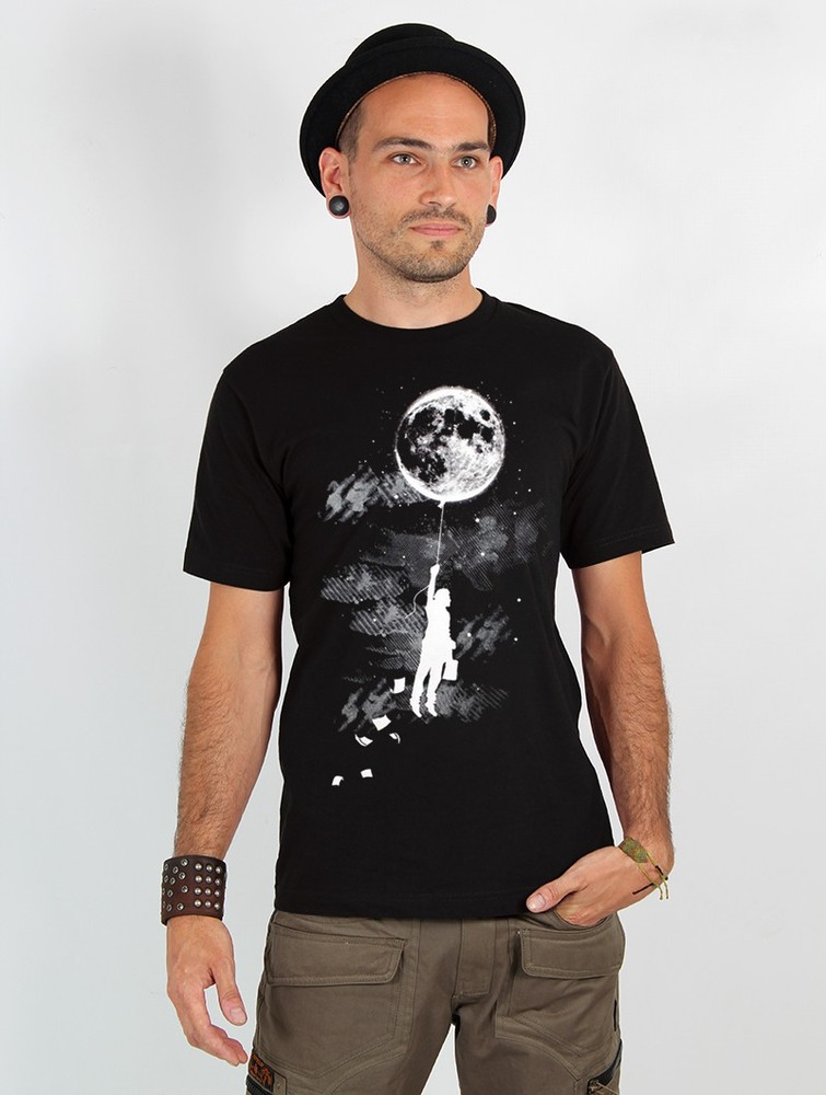 Toonzshop Moon Balloon Printed Short Sleeve T-shirt Póló Férfi Fekete | XJEOFBP-86