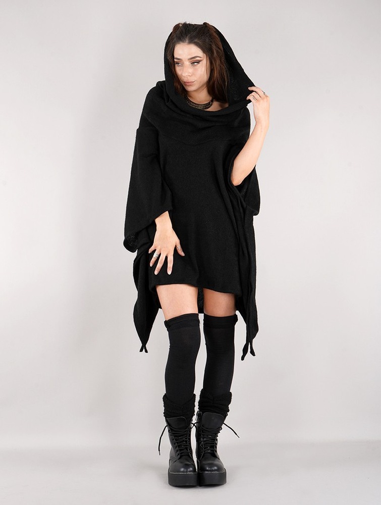 Toonzshop Nethmi Hooded Long Sweater Pulóver Női Fekete | BKPDRUV-74