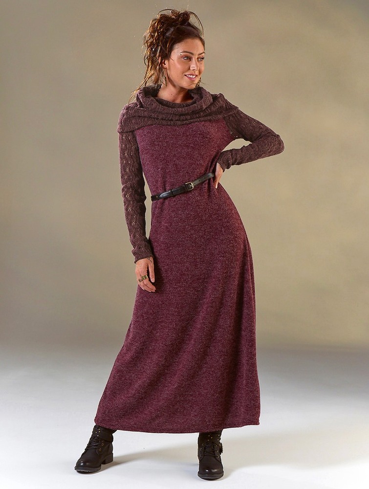 Toonzshop Nouchka Crochet Sleeves And Big Collar Long Sweater Dress Ruha Női Wine | DZYNFRG-15