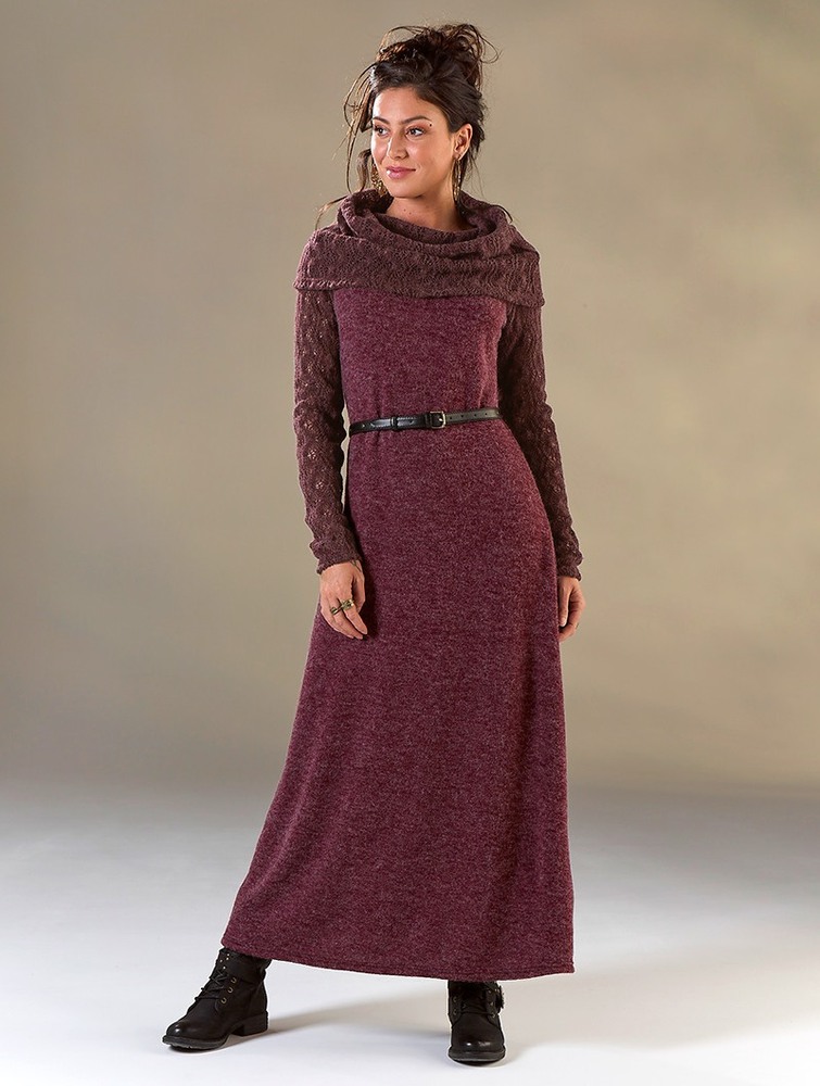 Toonzshop Nouchka Crochet Sleeves And Big Collar Long Sweater Dress Ruha Női Wine | DZYNFRG-15