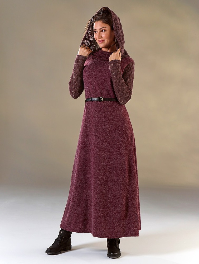 Toonzshop Nouchka Crochet Sleeves And Big Collar Long Sweater Dress Ruha Női Wine | DZYNFRG-15