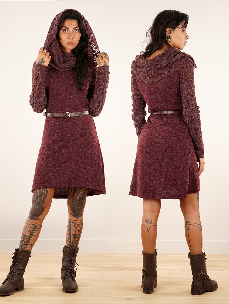 Toonzshop Nouchka Crochet Sleeves And Big Collar Skater Sweater Dress Ruha Női Wine | IGVCZKX-20