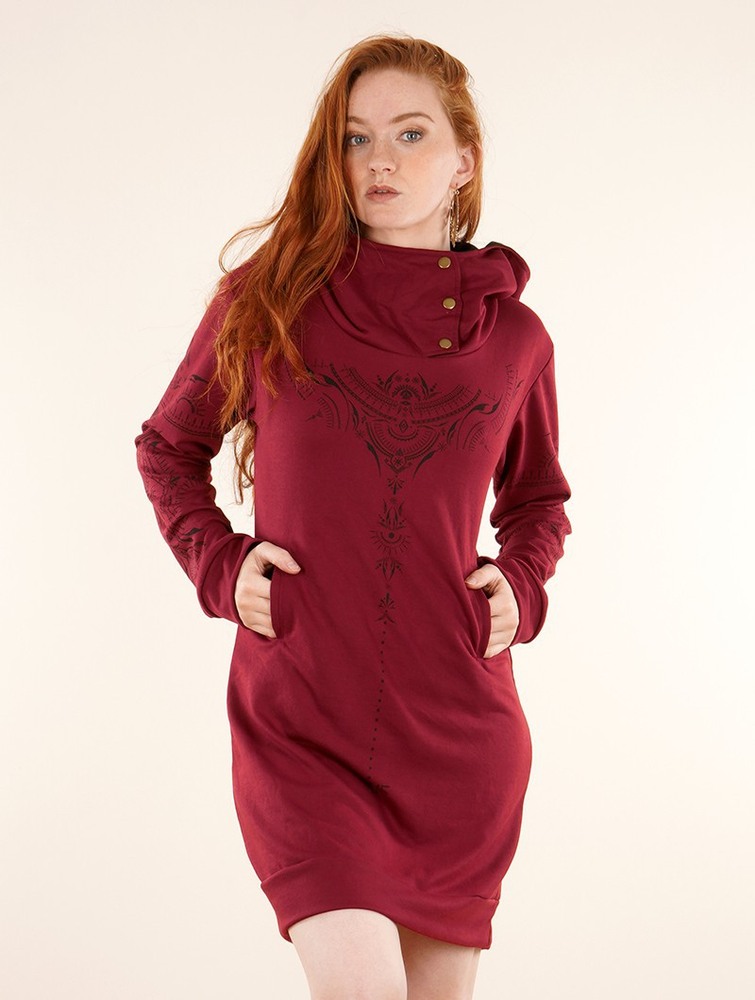 Toonzshop Numendil Zohraa Printed High Collar Hoodie Dress Ruha Női Wine | QSJPFUC-19